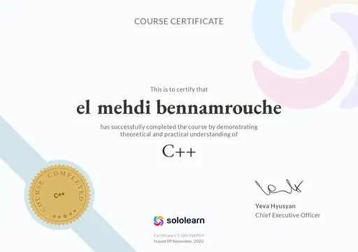alphaben - SoloLearn C++ Certificate