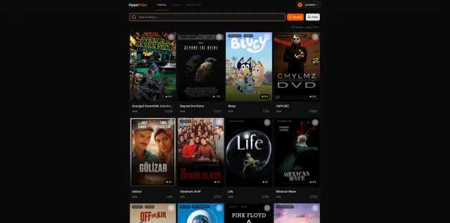 HyperTube movie browsing homepage with search